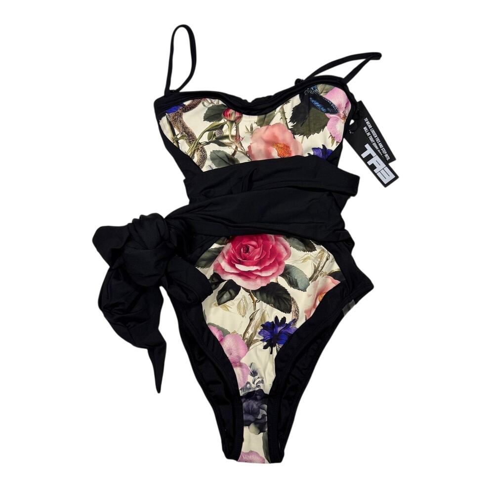TA3 Sashy One Piece Swimsuit XS Reg/Long Black‎ Floral Waist Sash Sculpting NWT